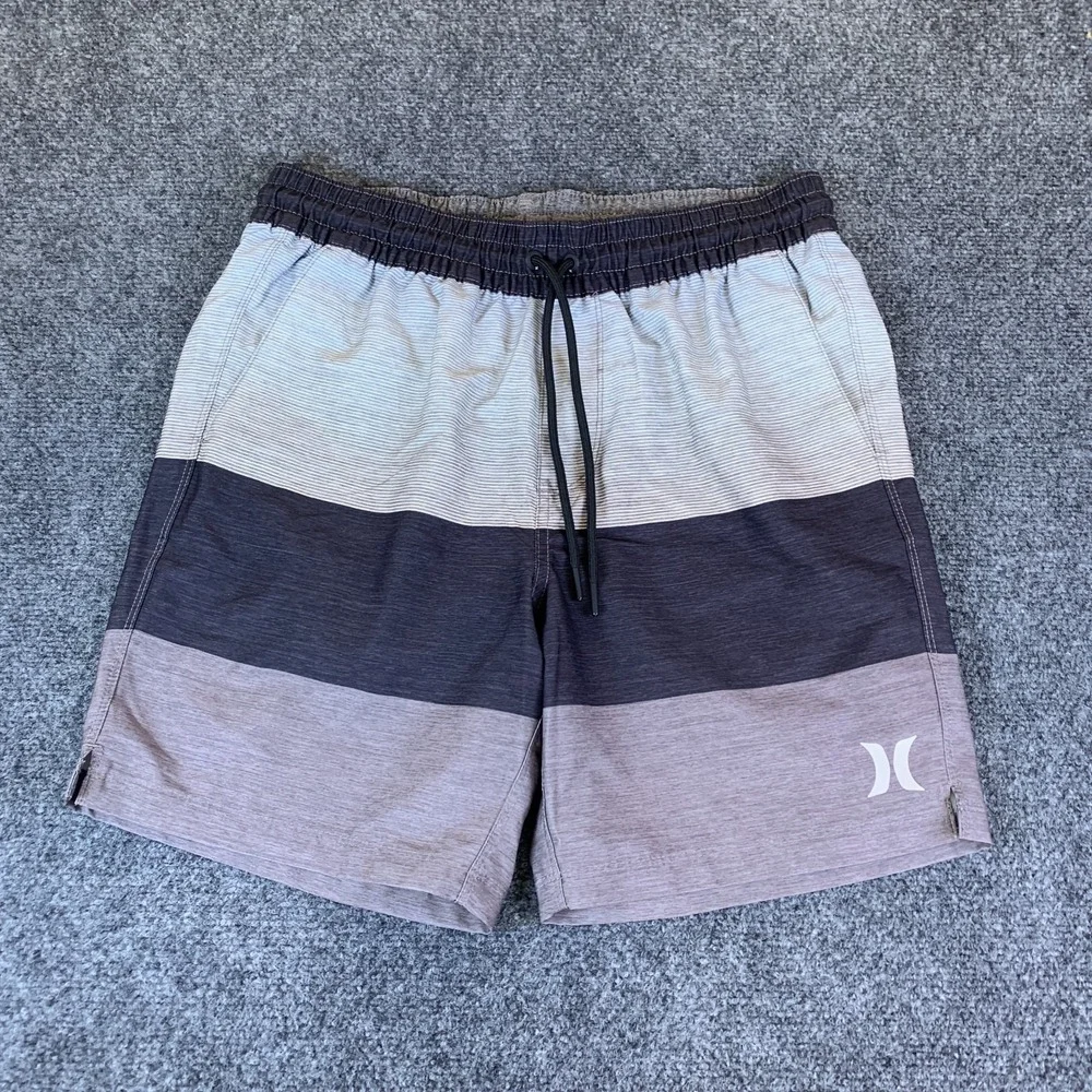 Hurley Board Shorts Mens 30 Gray Good Striped Logo Stretch Drawstring Swimwear